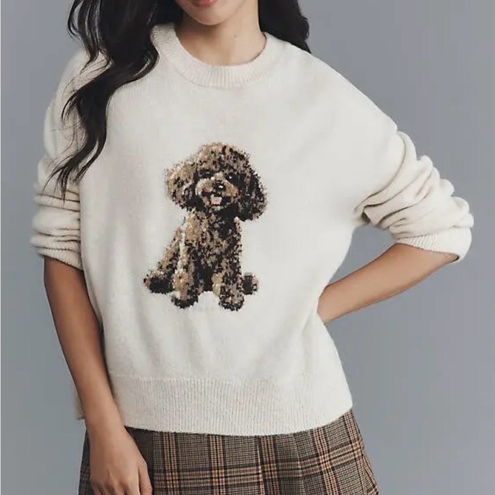 Anthropologie Maeve Crew Neck Dog Icon Pullover Sweater Neutral Doodle Size XL - Picture 11 of 11